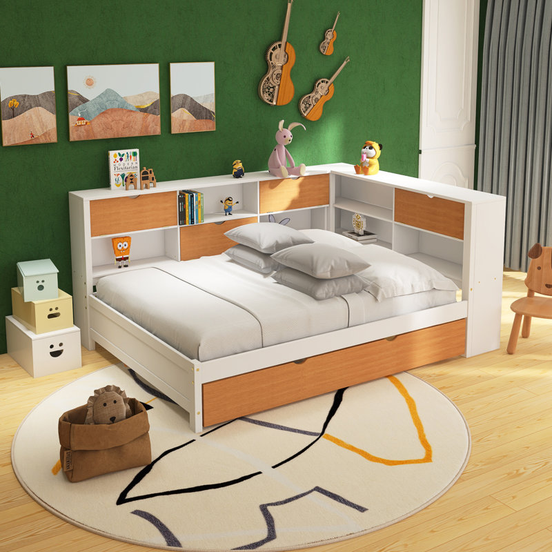 Base de lit en L en bois avec lit gigogne, bibliothèque, luminaire à DEL et port USB pour petite pièce, chambre à coucher, chambre d'amis