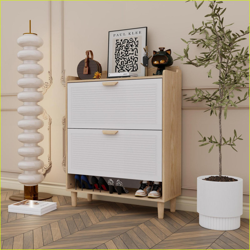 Shoe Cabinets Narrow with 2 Flip Drawers Solid Wood Legs 31.5”x9.5”x41.3” Inches Entryway Organizer | White | Scandinavian Style