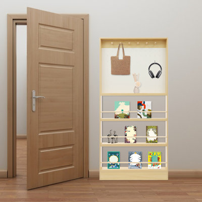 Ultra-Thin Solid Wood Bookshelf with Pegboard, 3-Tier Behind-The-Door Storage Organizer Rack with Hooks, 35.43" W x 3.94" D x 70.08" H