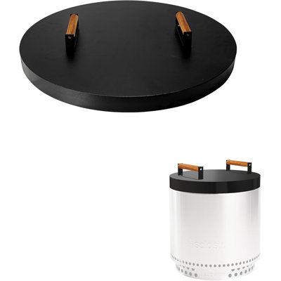 Couvercle de foyer d'extérieur compatible avec foyer d'extérieur Solo 2.0 et 1.0 - Revue de foyer en acier au carbone thermolaqué de calibre 16 avec 2 poignées ergonomiques en bois résistantes à la chaleur et supports de guide intérieur