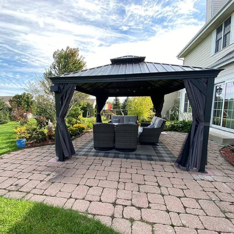 12'X12' Hardtop Gazebo Canopy,Outdoor Aluminum Gazebo With Galvanized Steel Double Roof,Permanent Gazebos With Drainage System,Curtain And Netting Included,Grey