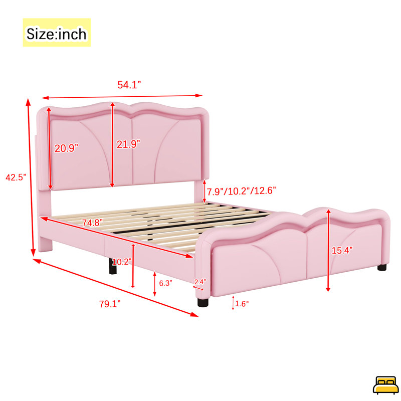 Lit plateforme tapissier avec tête de lit courbée et à hauteur ajustable, bandes lumineuses à DEL, Lit double, Rose