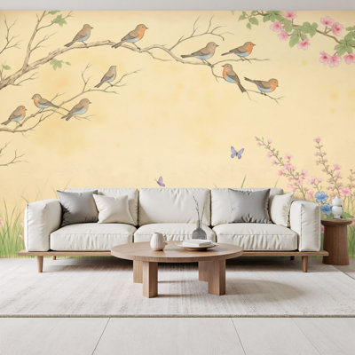 Modern Peel and Stick Wallpaper Birds Blossoms Soft Pastel Colours Floral Border Wall Murals 69"H x 96"W Removable PVC Wall Paper Self-Adhesive Wall Decor for Bedroom Living Room