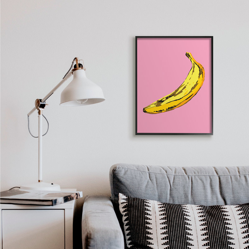 Banane rose pop tropical amusant minime fruit, H 30 po x l 24 po, Giclée encadrée noir minuit
