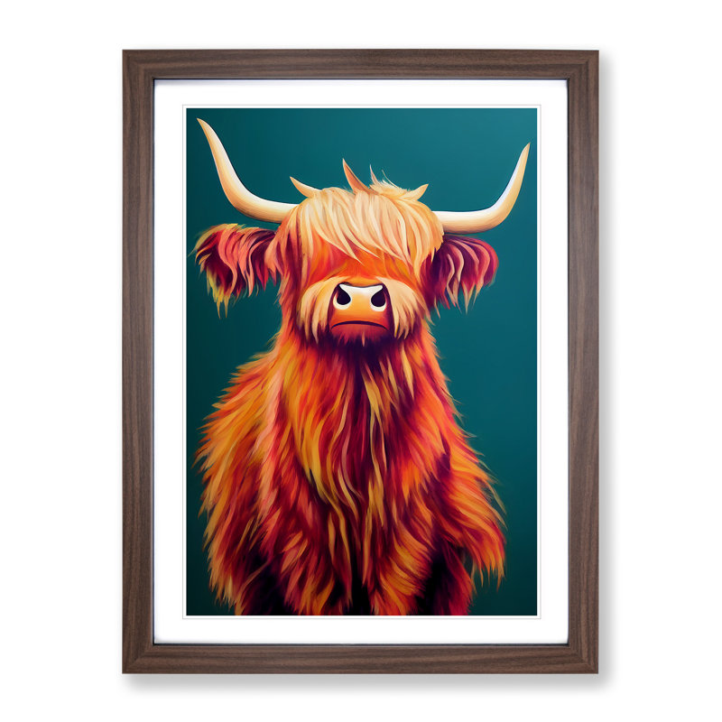 Highland Cow Art No.4 - Single Picture Frame Print, 46cm H x 34cm W x 2cm D, Walnut