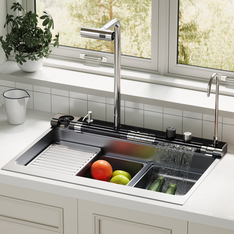 29.6" Drop-In Workstation Kitchen Sink with Faucet, Single Bowl Stainless Steel