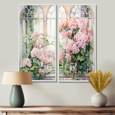 «Pink Blossoming Country Window Gaze III», art mural traditionnel 2 pièces