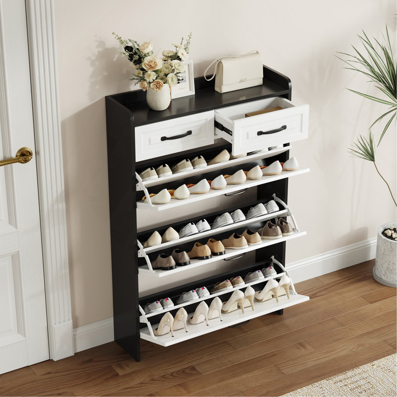 Armoire à chaussures 1250 de couleur noire avec 3 portes et 2 tiroirs, porte en PVC avec forme, grand espace de rangement