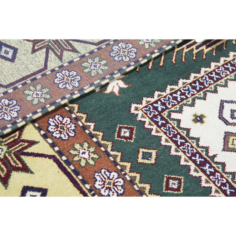 Kazak Wool Oriental Area Rug in Green/Maroon/Brown/White, Rectangle 3'11" x 5'9"