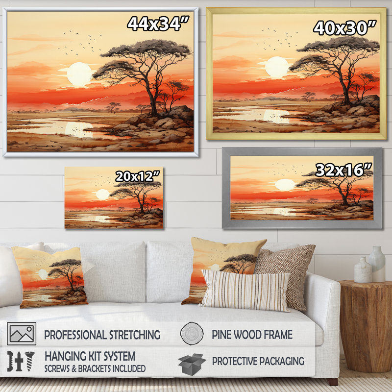 Orange, jaune, paysage africain, impressions sur toile, H 12 po x l 20 po x P 1 po, Cadre flottant doré