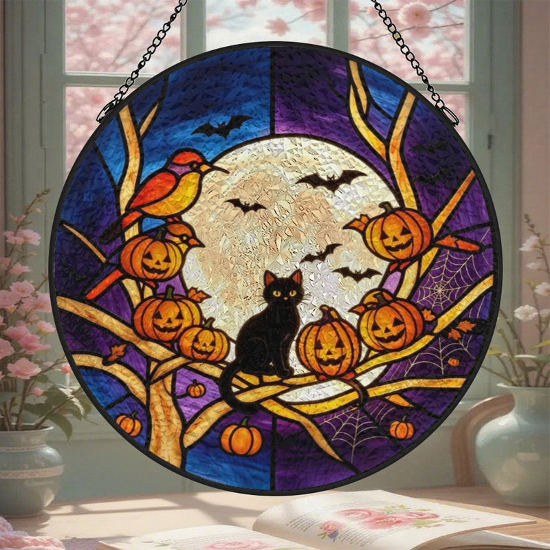 Panneau de vitrail Halloween pour fenêtre, 9,8 x 9,8 po (25 x 25 cm)