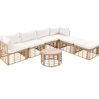 7 meubles de patio modulaires toutes saisons avec coussins épais et coussins beiges pour la détente sur le pont 7 pièces et délices d'extérieur