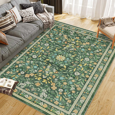 Tapis de sol moelleux et antidérapant à motif floral bohème vert 8 x 10 pi pour salon
