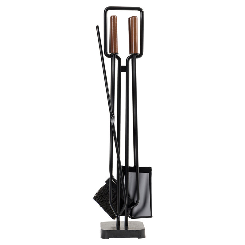 Modern Black Steel 5-Piece Fireplace Tool Set with Maple Handles