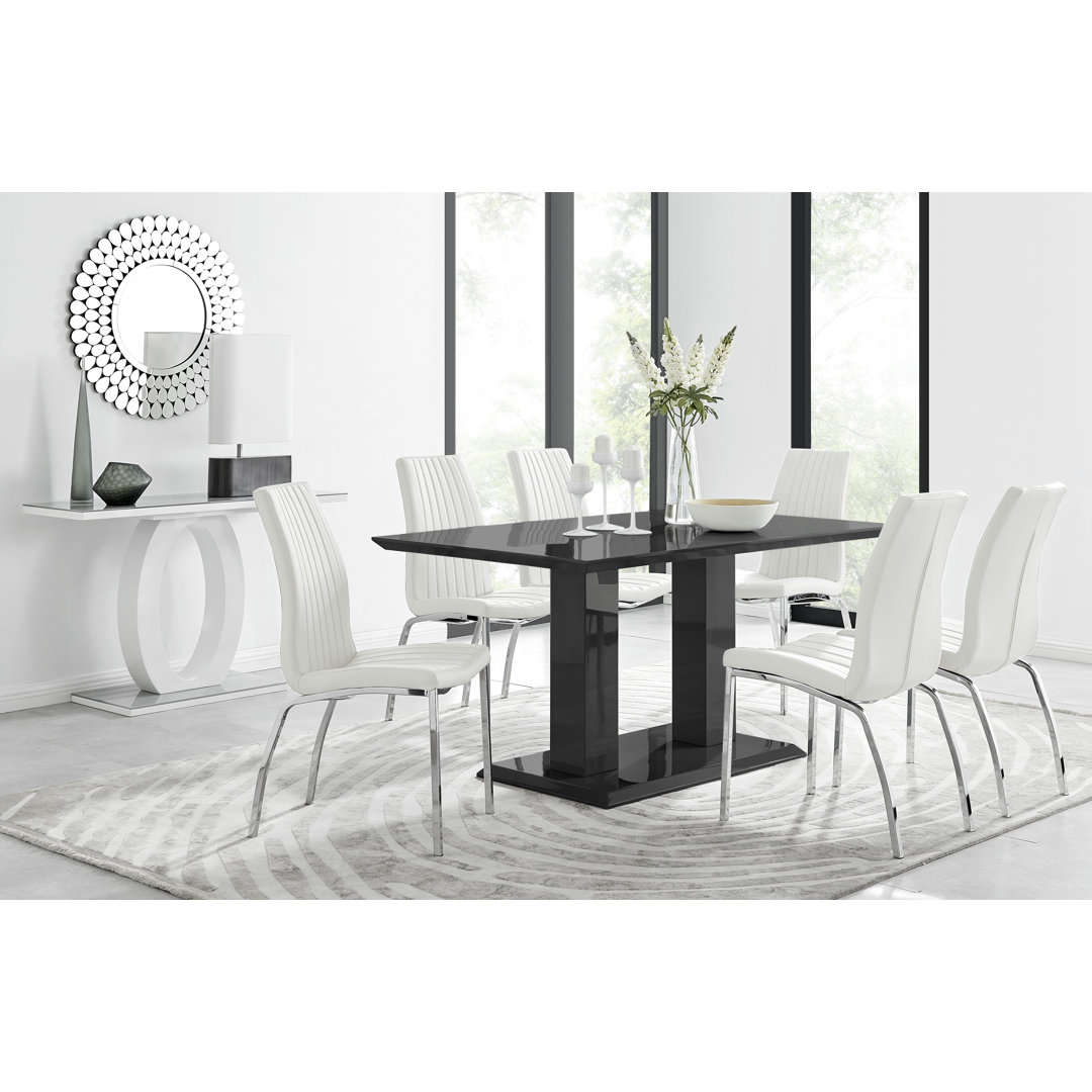 Eubanks High Gloss Double Pillar Dining Table Set with 6 Luxury Faux Leather Dining Chairs East Urban Home Table 