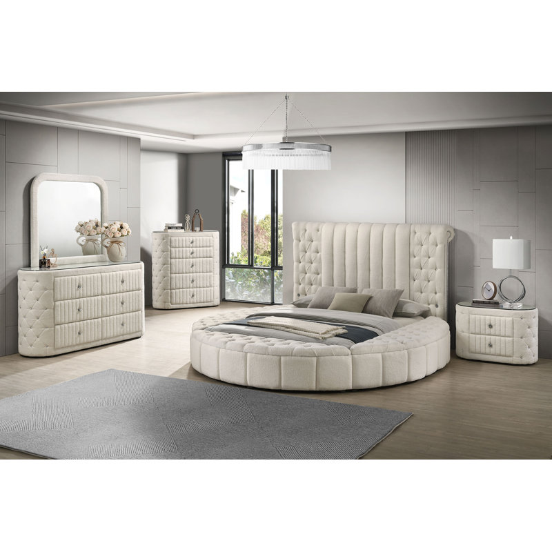 Ensemble de chambre avec grand lit rembourré 5 pièces Sonya Ivoire, Grand lit