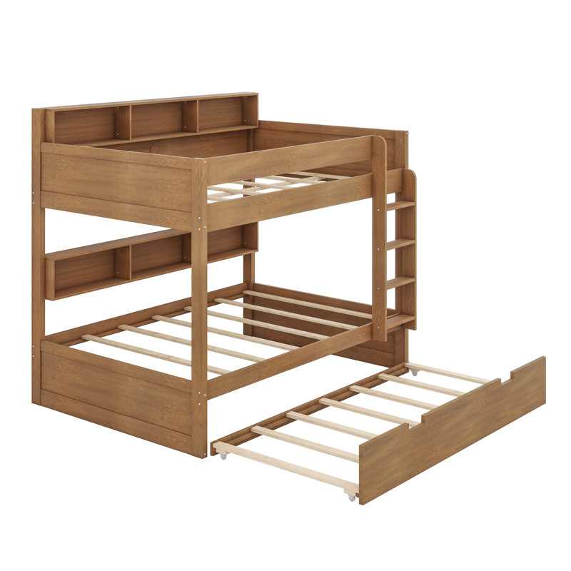 Space-Saving Bunk Bed Frame Featuring Integrated Pull-Out Trundle, Wood