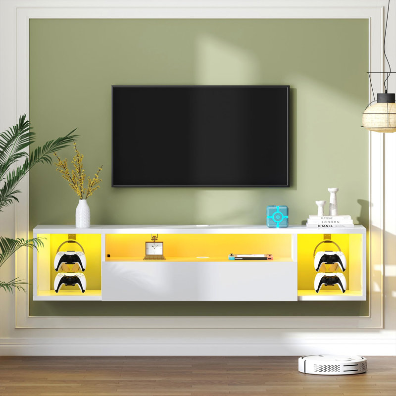 Console de jeu blanche 55 po avec lumières DEL - 4 crochets de contrôleur et 2 crochets pour casque d'écoute, armoire de rangement dissimulée, capacité de charge supérieure de 30 kg