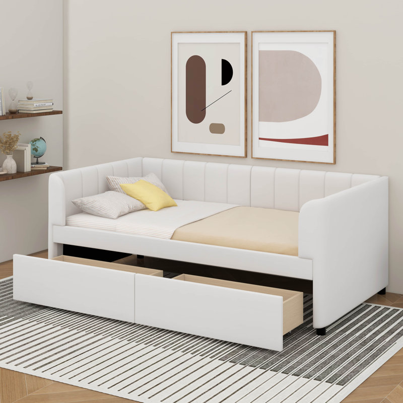 Lit de jour simple tapissier avec 2 tiroirs, Beige