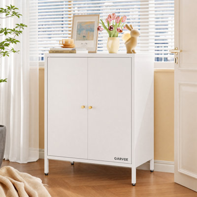 Armoire de rangement moderne en métal, tablette réglable, portes doubles magnétiques, hauteur de comptoir de 77 cm (30,3 po), meuble autoportant pour salle de bain, garde-manger et entrée