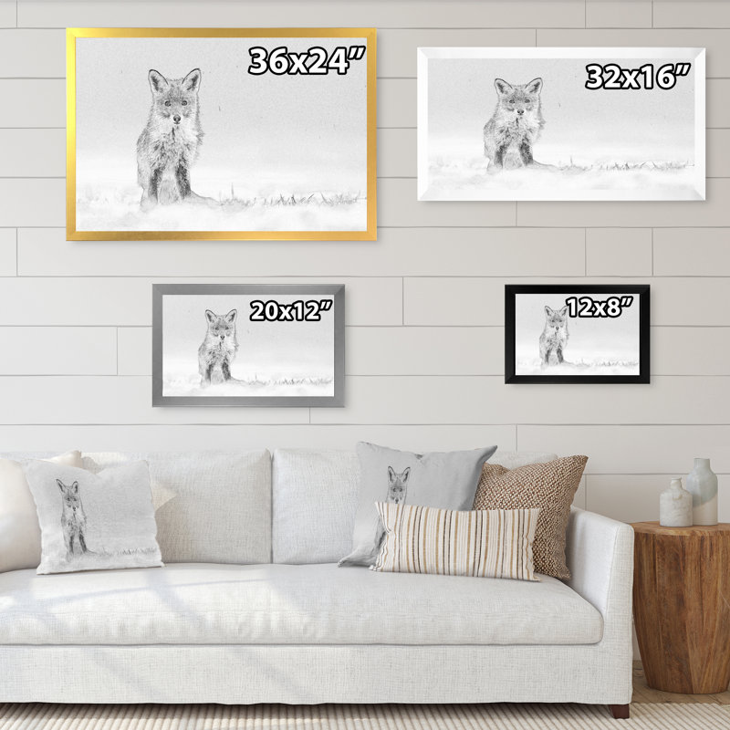 Croquis de renard noir et blanc en hiver II - reproduction de cadre flottant sur toile, Cadre photo noir