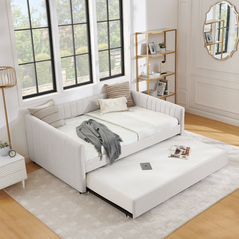  Lit de jour double avec couchette rembourrée avec structure à rayures verticales en lin, beige, Beige, Lit double