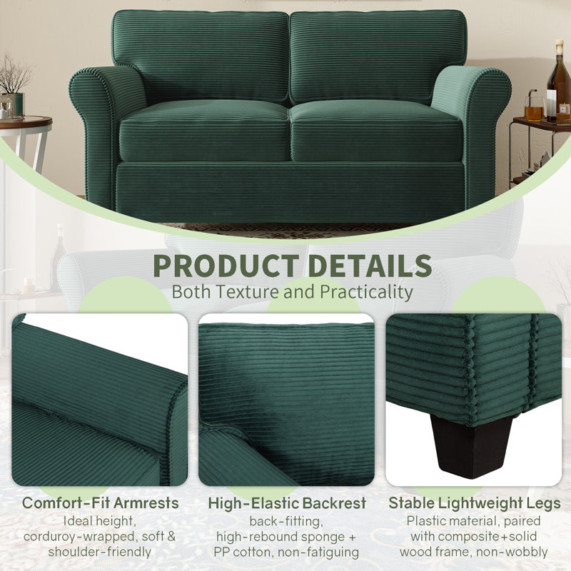 57"modern 2-seater Corduroy Sofa, Green