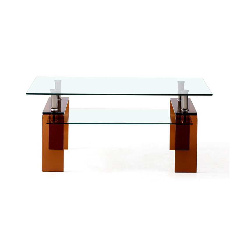 Table basse moderne en verre trempé avec pieds en fumée, Plateau transparent / base brune