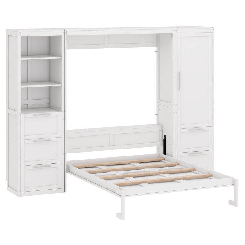 Queen Size Murphy Bed With Drawers And Shelves, White