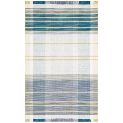 Anjail Flat Weave Wool/Cotton Plaid Rug in Teal/Beige