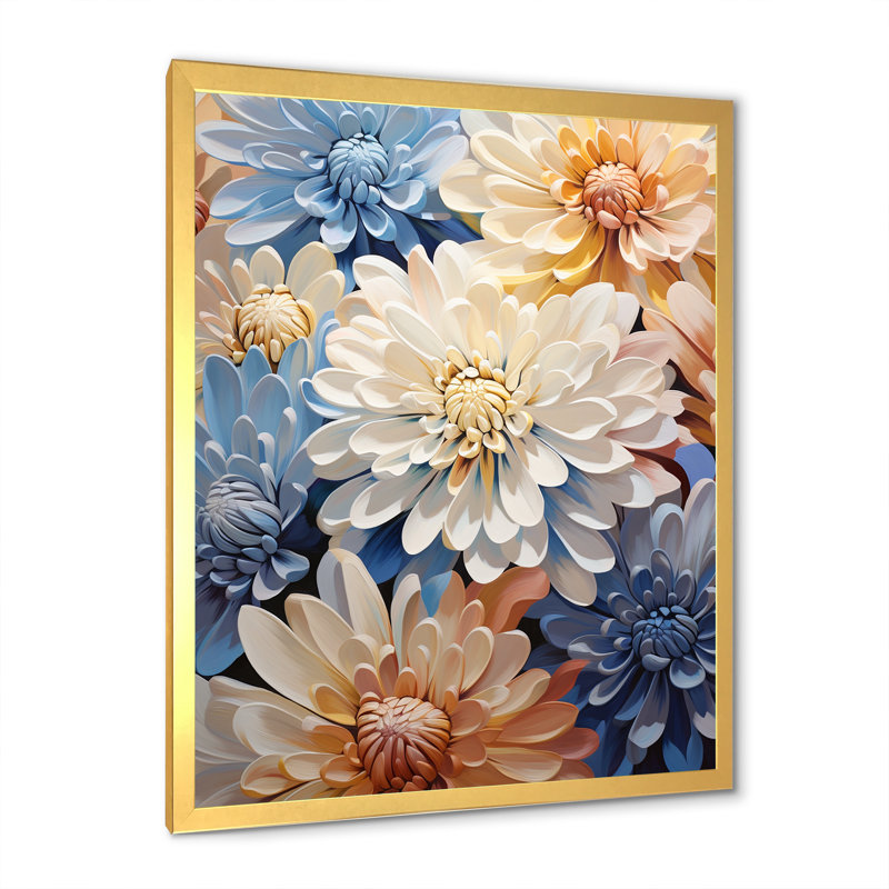 «Garden Bliss Mums» en blanc et bleu sur toile, Cadre doré simple, H 40 po x l 30 po x P 1,5 po
