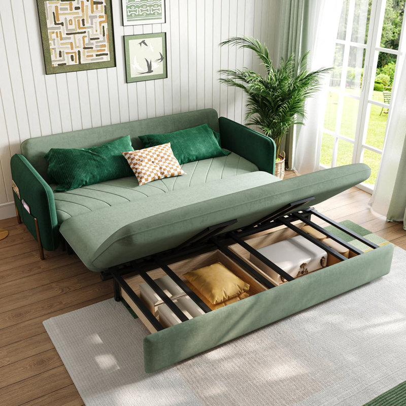 Velvet Convertible Sleeper Sofa Couch with Storage, Green, 32.1" H x 53.5" W x 33.5" D, 2
