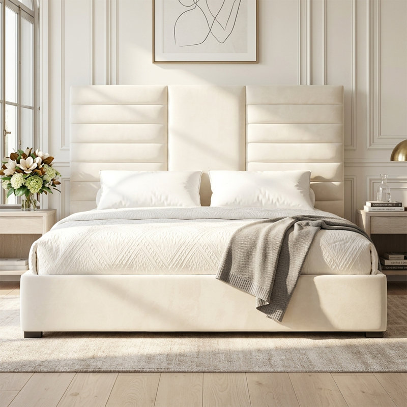 Hotel-Inspired Storage Bed with Extra-Tall Velvet Headboard, Cream, King