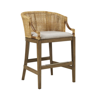 Tabouret de comptoir de 25 po de hauteur fabriqué à la main - sensation naturelle, assise rembourrée en lin, pieds en bois massif stables, ornement en bronze antique H avec assise et base en tissu