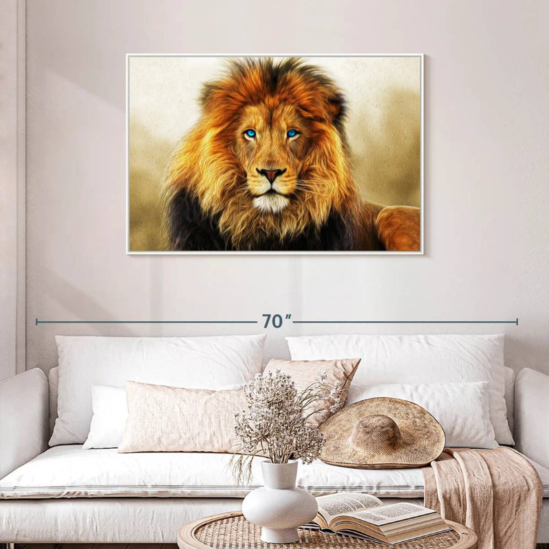Lion aux yeux bleus, Cadre flottant blanc, 43 po x 29 po