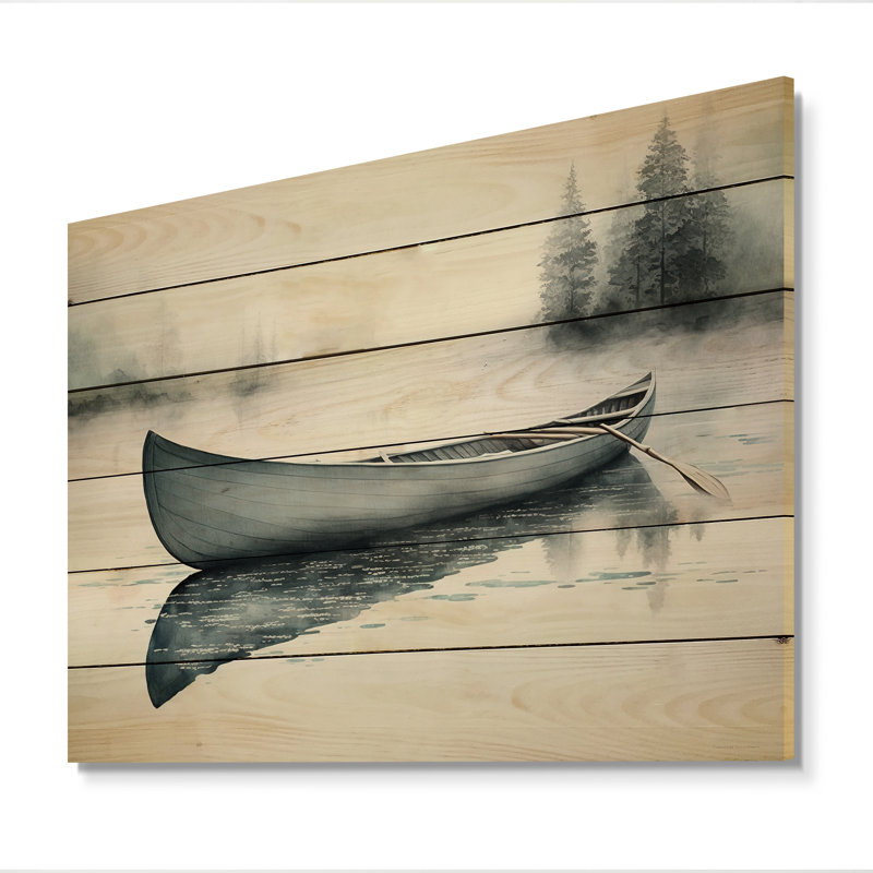 Canot sur le lac II - Décoration murale paysage en bois, H 16 po x l 32 po x P 1 po