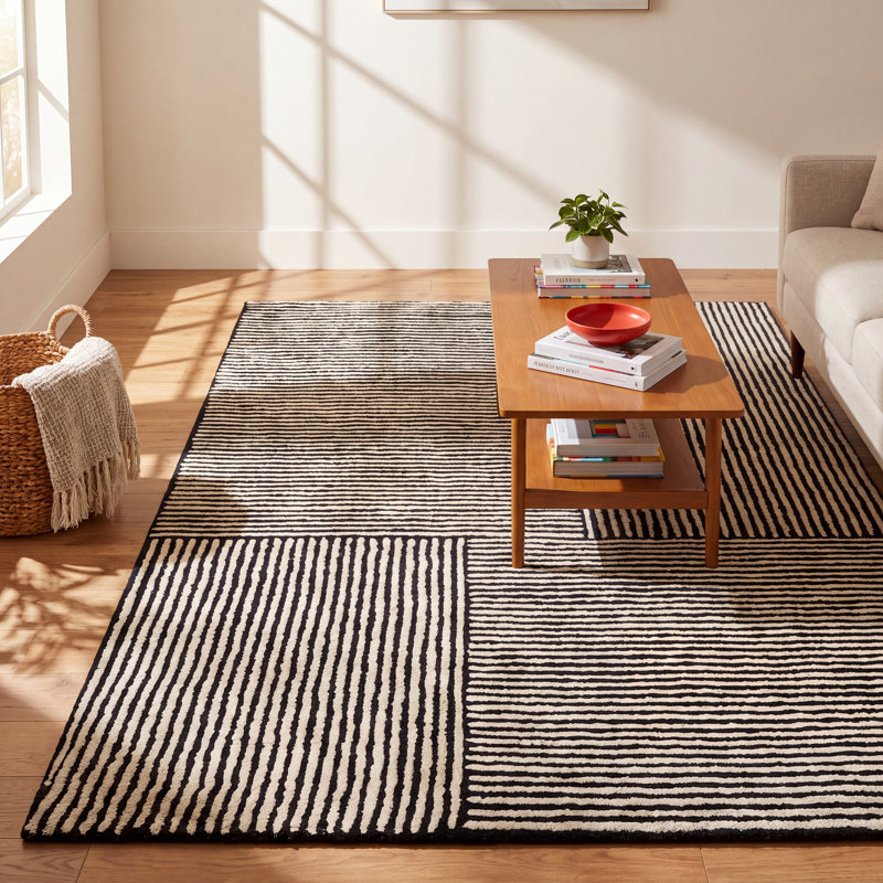Balos Hand Tufted Black/Ivory Rug, Rectangle 8' x 10'