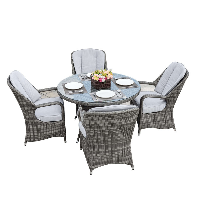 Abrihome 5-piece Outdoor Dining Set With Round Table In Pe Wicker And Cushions, Gray