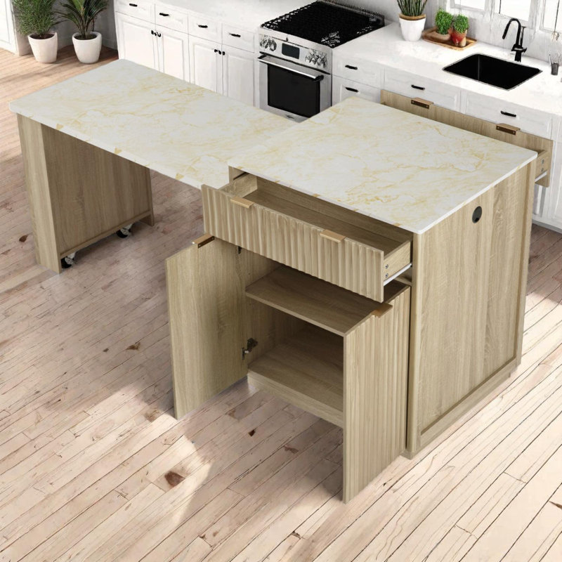 82.6" Fluted Kitchen Island with Extendable Dining Table for 4-6, Double-Sided Storage & Power Outlet, Natural/Beige