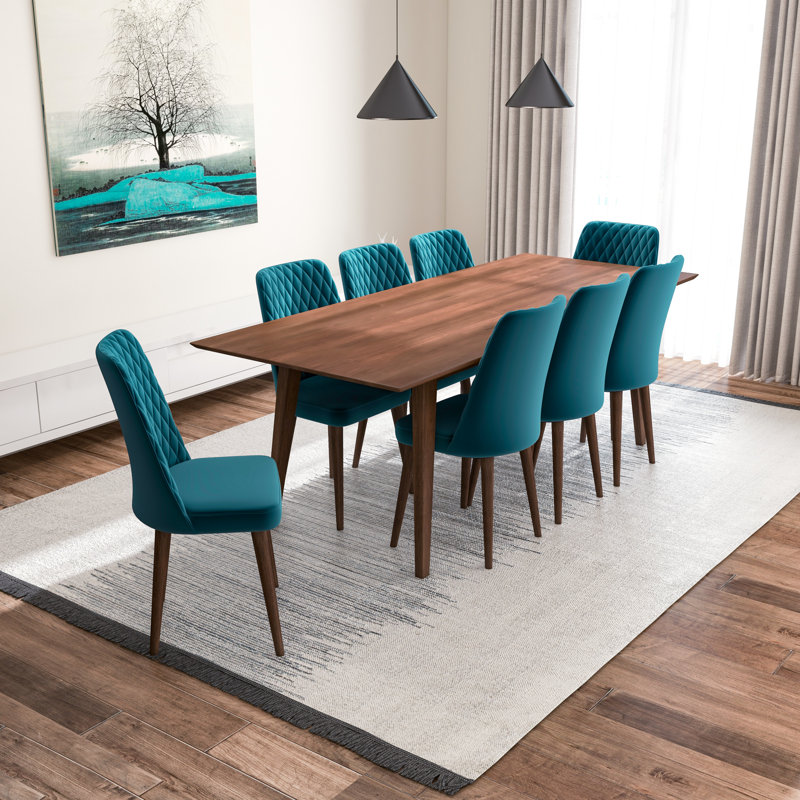 Annabelle 9-Piece Mid-Century Rectangular Dining Set w/ 8 Velvet Dining Chairs, Teal