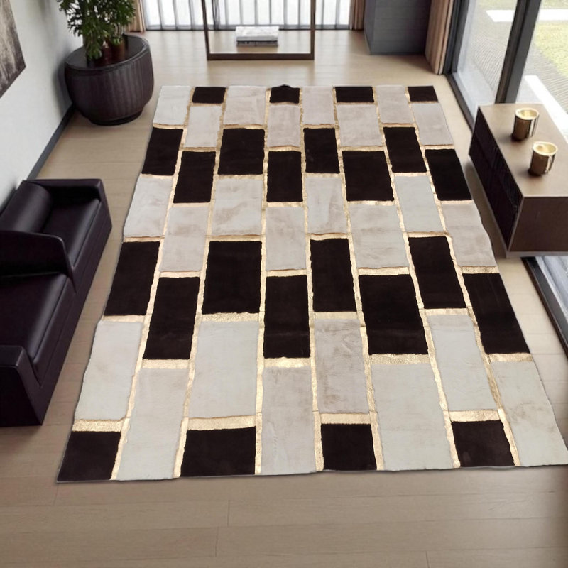 Tapis moderne moelleux noir et crème avec lignes dorées_8,83 X 12 pi, Rectangle 8 pi 10 po x 12 pi