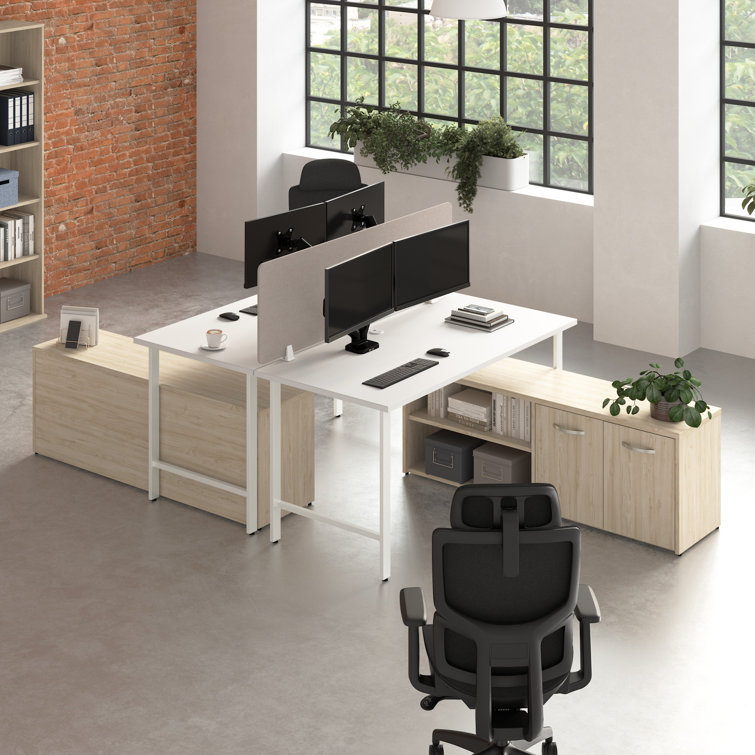 Bush Business Furniture Hustle 2 Person Computer Desk With Low Storage Cabinets, Power Grommets, And Privacy Screen