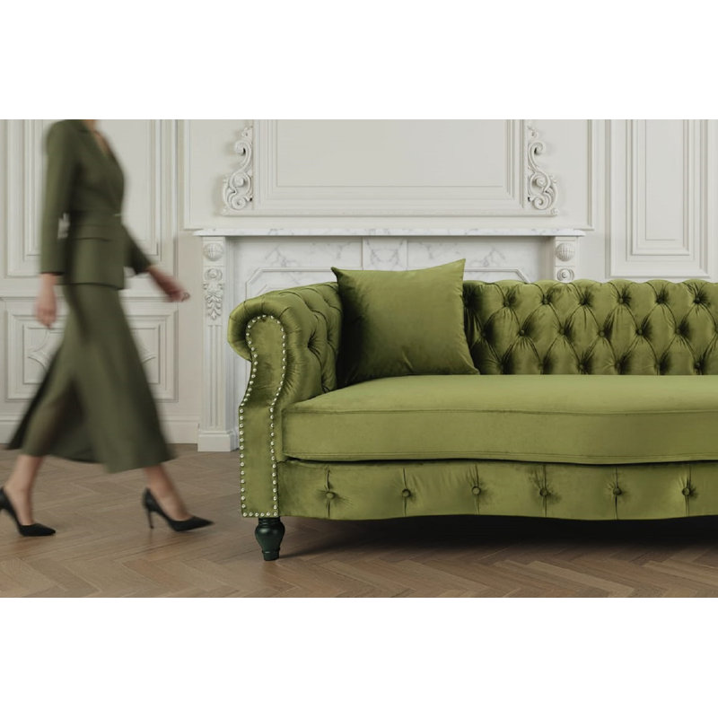 Mitchellville 3 Seater Velvet Scroll Arms Sofa, Sage Green