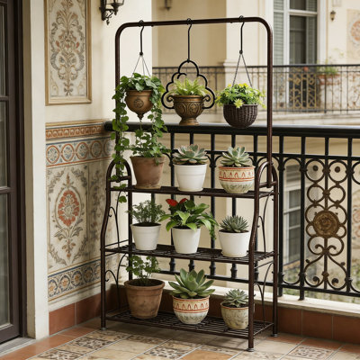 Support pour plante à 3 niveaux avec crochet à suspendre - grande étagère à fleurs en métal pour l'extérieur et l'intérieur