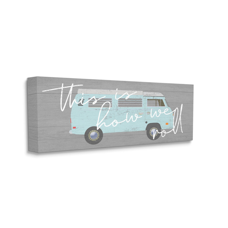«How We Roll Blue Travel Van Bus Vintage Calligraphy» par Daphne Polselli, impression sur toile tendue