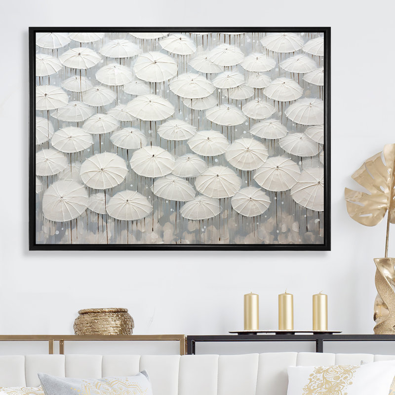 Ciel plein de parapluies blancs sur toile, Cadre flottant noir, H 34 po x l 44 po x P 1,5 po