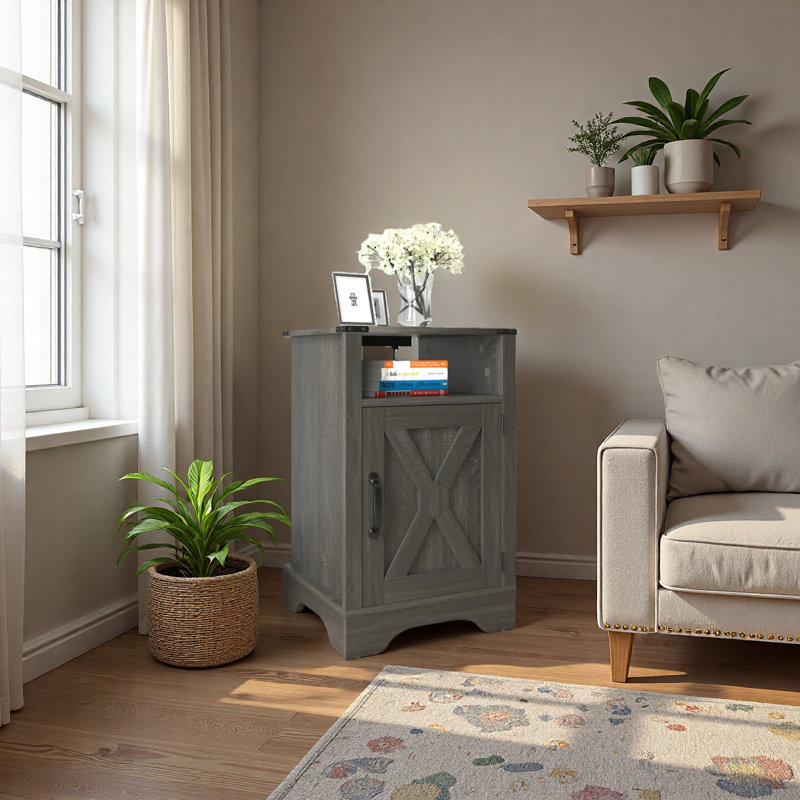 Table de chevet Farmhouse, table de bout rustique en bois, grande table de chevet avec prises de courant, Gris foncé