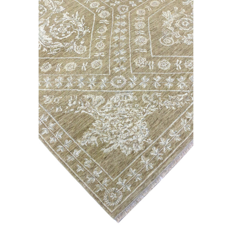 High-Quality Hand-Knotted Beige Area Rug, Rectangle 9' x 12', Brown