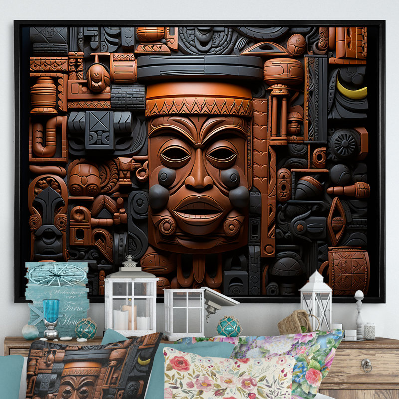 Masque africain brun et noir à motif de Kuba - Masque africain grand art mural, H 34 po x l 44 po x P 1,5 po