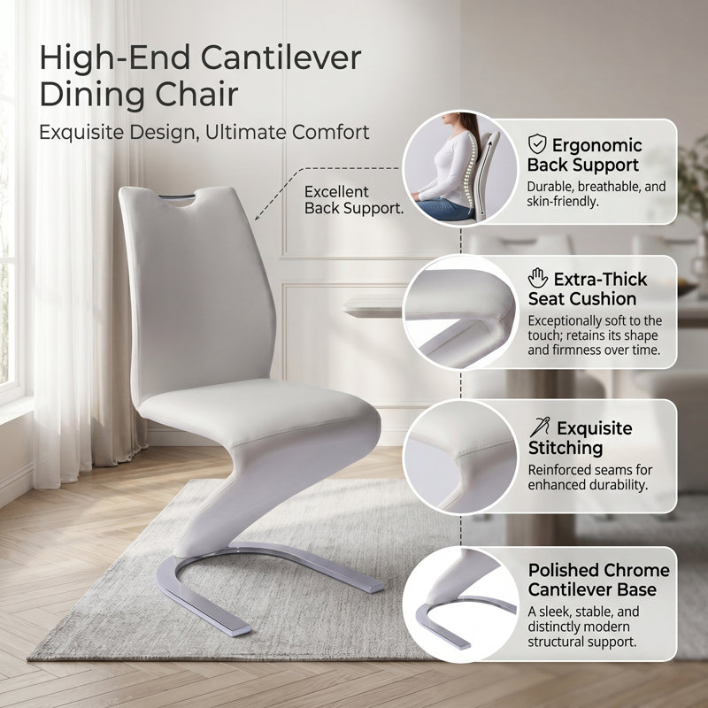 Modern Cantilever Dining Chairs Set, Ergonomic PU Kitchen Chairs with U-shaped Chrome Metal Base, for Living Room, Kitchen, 2
